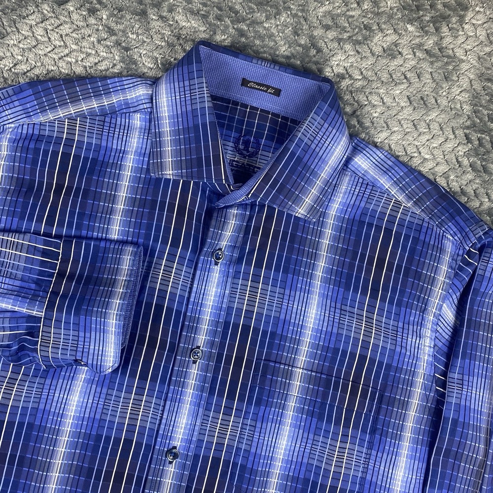 BUGATCHI SHIRT L BLUE PLAID MENS SPREAD COLLAR LONG SLEEVE